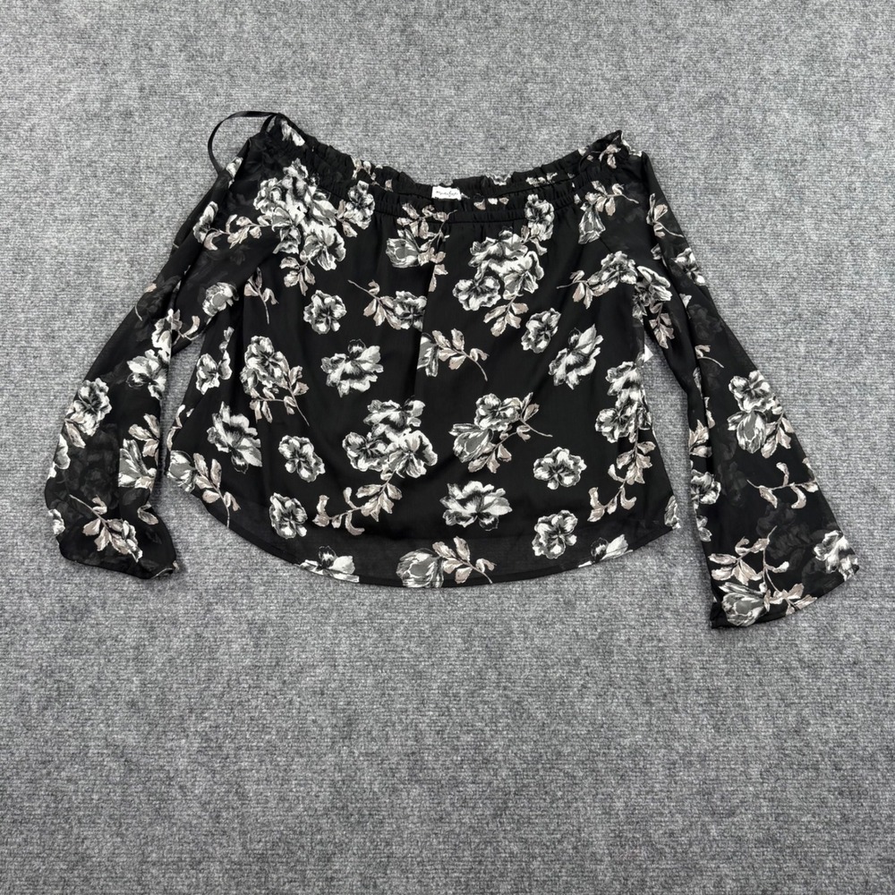 Love Fire Medium Black Floral Off the Shoulder Chiffon Bell Sleeve Top Women's